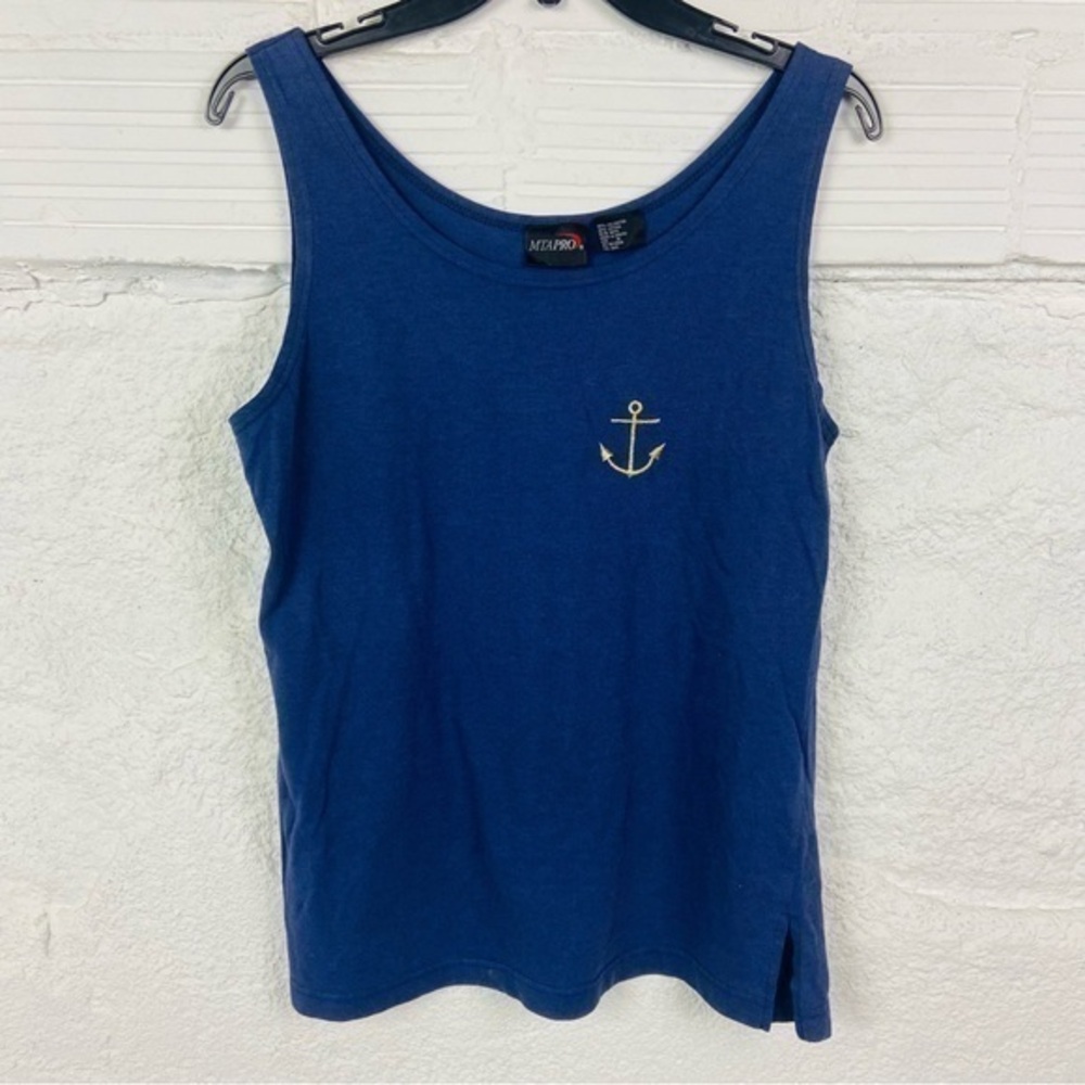 VINTAGE MTA PRO Nautical Blue Tank Top with gold Anchor Embroidery SZ medium